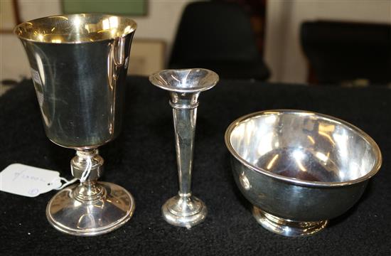 Silver and silver gilt goblet, a circular silver bowl and a small specimen vase
